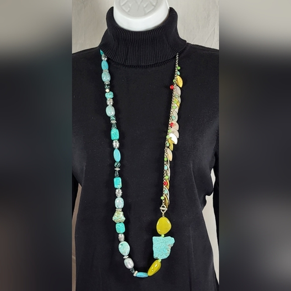 CHICO'S Turquoise and Metallic Long Beaded Necklace - Picture 2 of 4